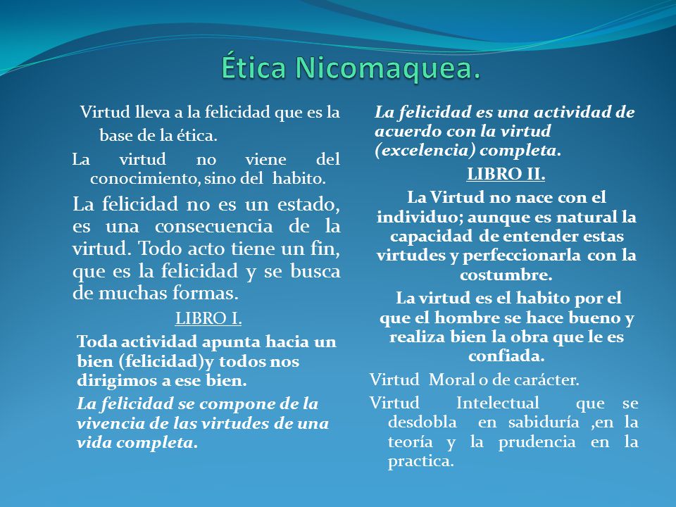 Ética Nicomaquea. Virtud lleva a la felicidad que es la. La felicidad es una actividad de acuerdo con la virtud (excelencia) completa.