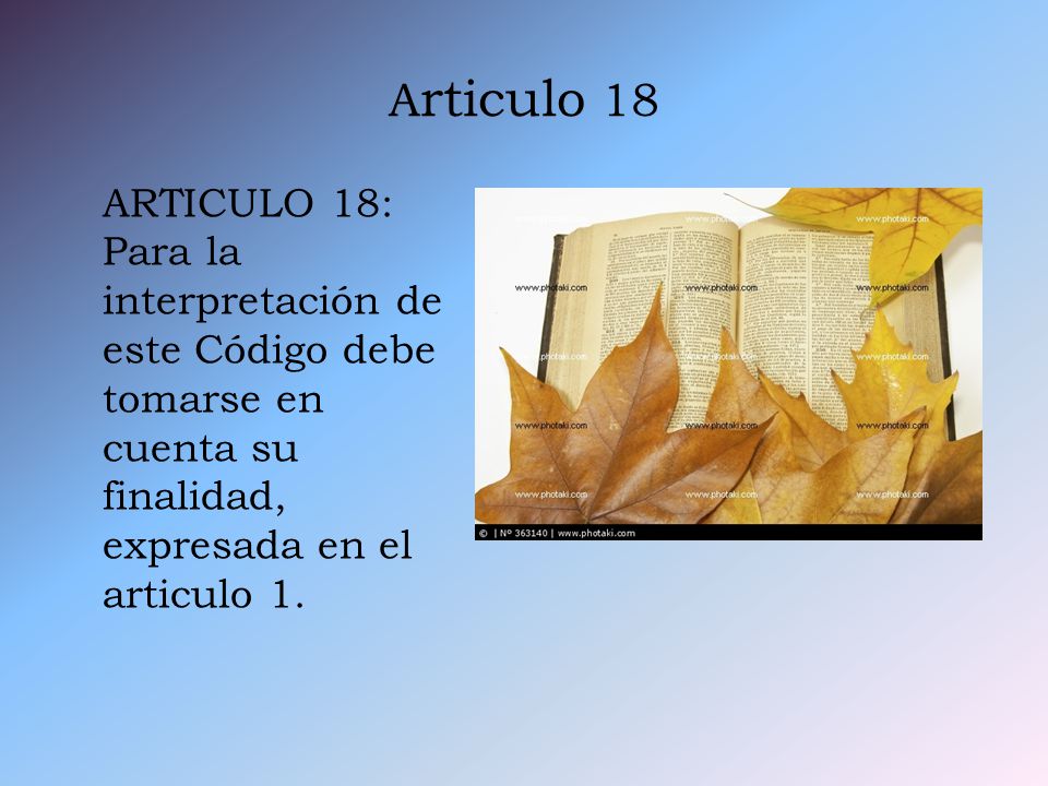 Articulo 18 ARTICULO 18: Para la interpretación de este Código debe tomarse en cuenta su finalidad, expresada en el articulo 1.