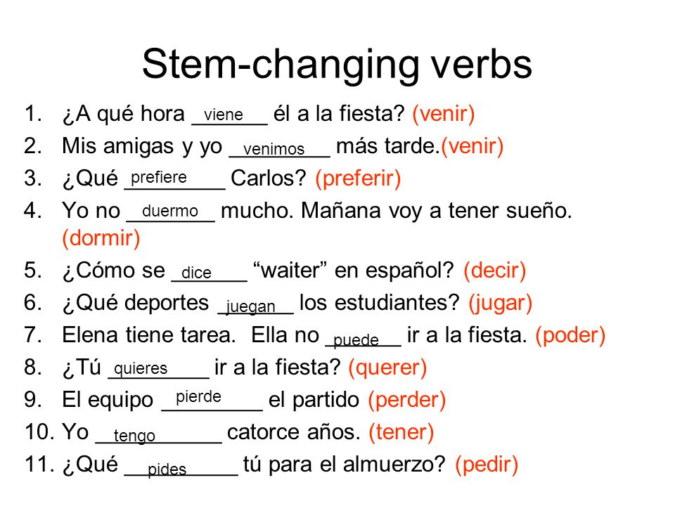 Stem-changing verbs ¿A qué hora ______ él a la fiesta (venir)