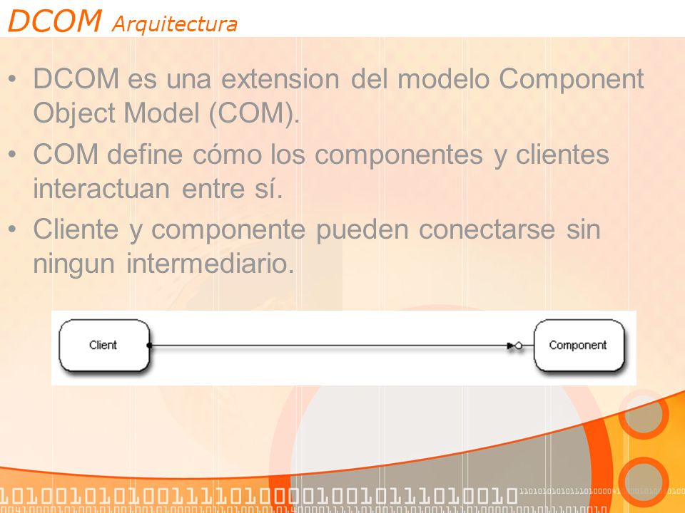 DCOM Arquitectura DCOM es una extension del modelo Component Object Model (COM). COM define cómo los componentes y clientes interactuan entre sí.