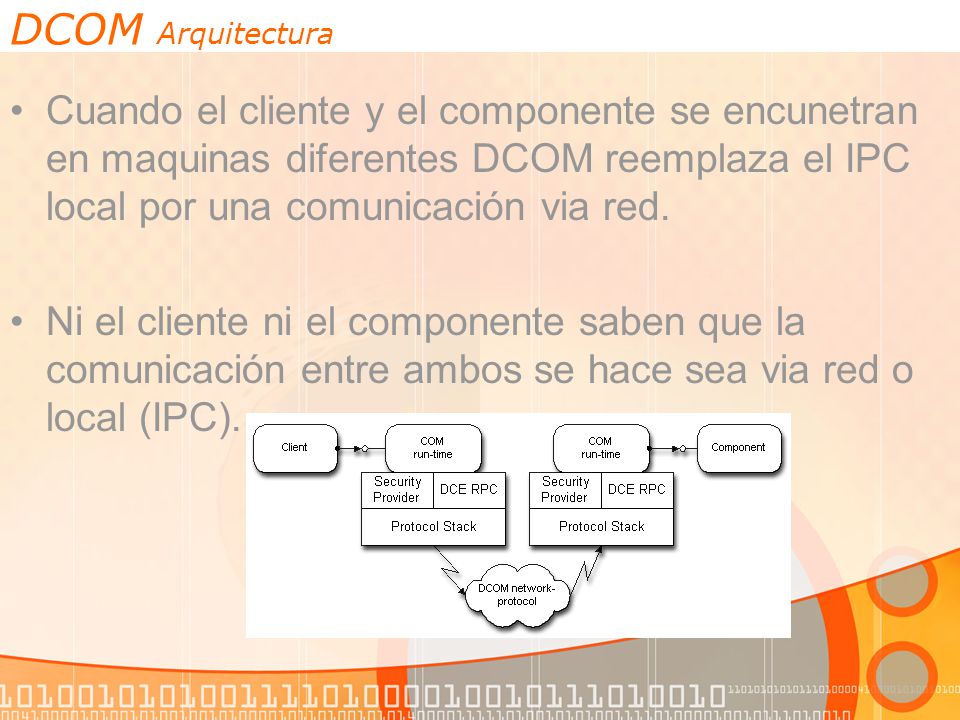 DCOM Arquitectura Cuando el cliente y el componente se encunetran en maquinas diferentes DCOM reemplaza el IPC local por una comunicación via red.