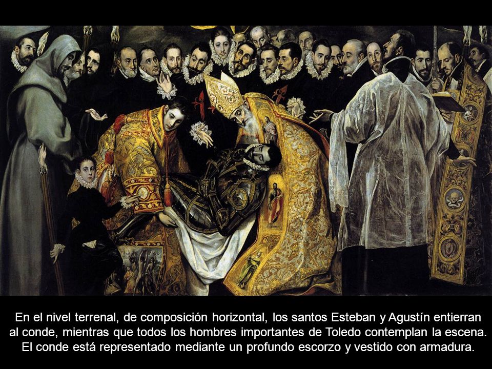 En el nivel terrenal, de composición horizontal, los santos Esteban y Agustín entierran