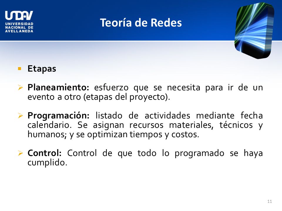 Teoría de Redes Etapas. Planeamiento: esfuerzo que se necesita para ir de un evento a otro (etapas del proyecto).