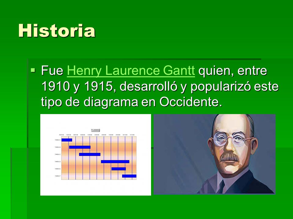 Historia Fue Henry Laurence Gantt quien, entre 1910 y 1915, desarrolló y popularizó este tipo de diagrama en Occidente.