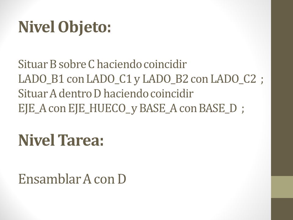 Nivel Objeto: Situar B sobre C haciendo coincidir LADO_B1 con LADO_C1 y LADO_B2 con LADO_C2 ; Situar A dentro D haciendo coincidir EJE_A con EJE_HUECO_ y BASE_A con BASE_D ; Nivel Tarea: Ensamblar A con D