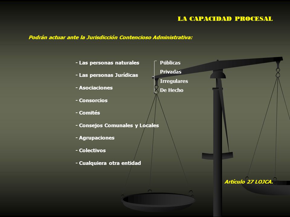 LA CAPACIDAD PROCESAL Podrán actuar ante la Jurisdicción Contencioso Administrativa: - Las personas naturales.