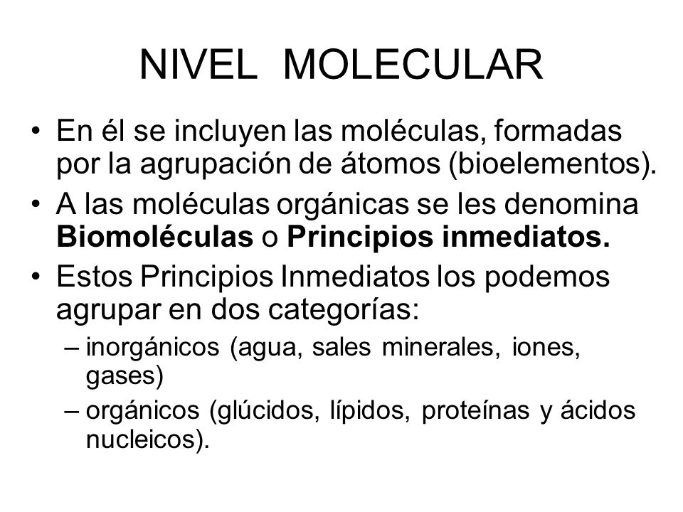 NIVEL MOLECULAR En él se incluyen las moléculas, formadas por la agrupación de átomos (bioelementos).