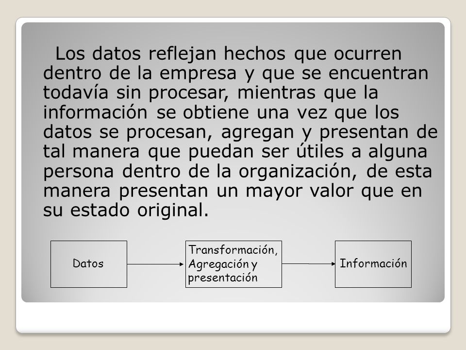 Los datos reflejan hechos que ocurren dentro de la empresa y que se encuentran todavía sin procesar, mientras que la información se obtiene una vez que los datos se procesan, agregan y presentan de tal manera que puedan ser útiles a alguna persona dentro de la organización, de esta manera presentan un mayor valor que en su estado original.