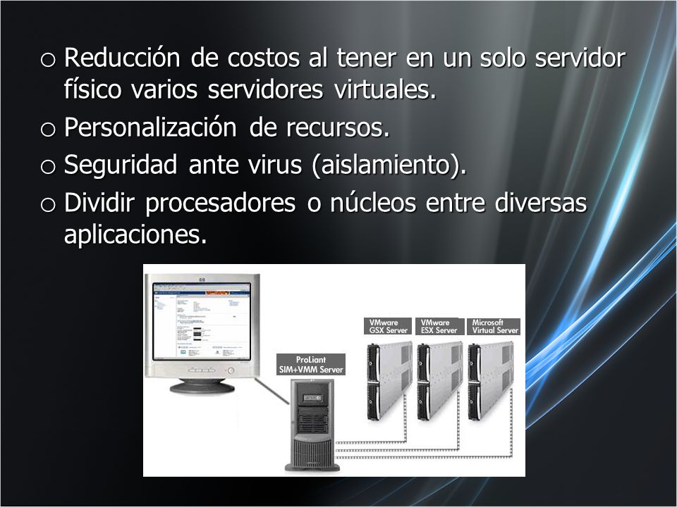 Reducción de costos al tener en un solo servidor físico varios servidores virtuales.