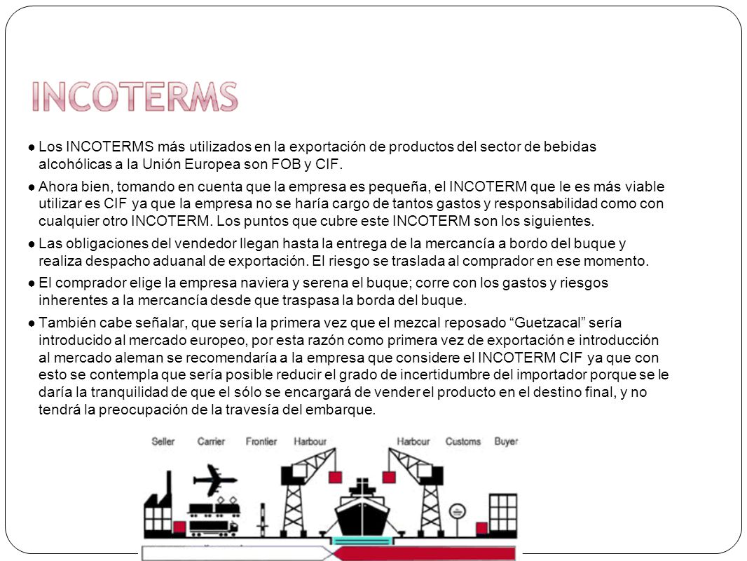 Los INCOTERMS más utilizados en la exportación de productos del sector de bebidas alcohólicas a la Unión Europea son FOB y CIF.