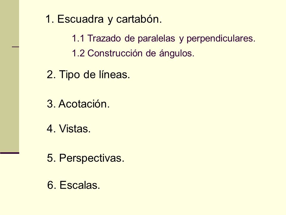1. Escuadra y cartabón. 2. Tipo de líneas. 3. Acotación. 4. Vistas.
