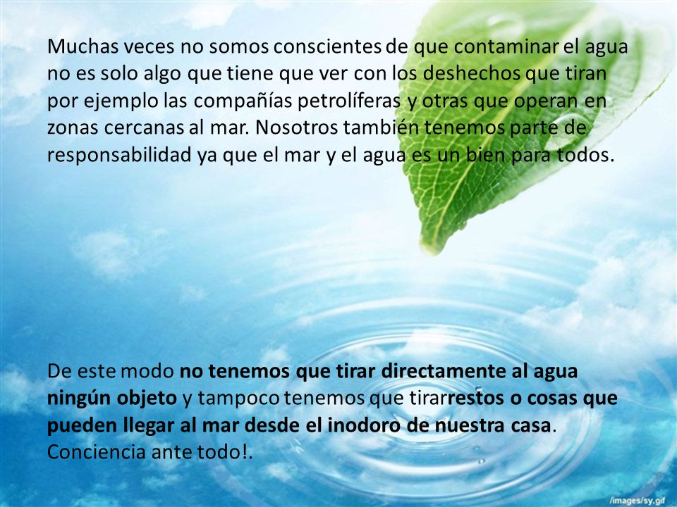 Muchas veces no somos conscientes de que contaminar el agua no es solo algo que tiene que ver con los deshechos que tiran por ejemplo las compañías petrolíferas y otras que operan en zonas cercanas al mar.