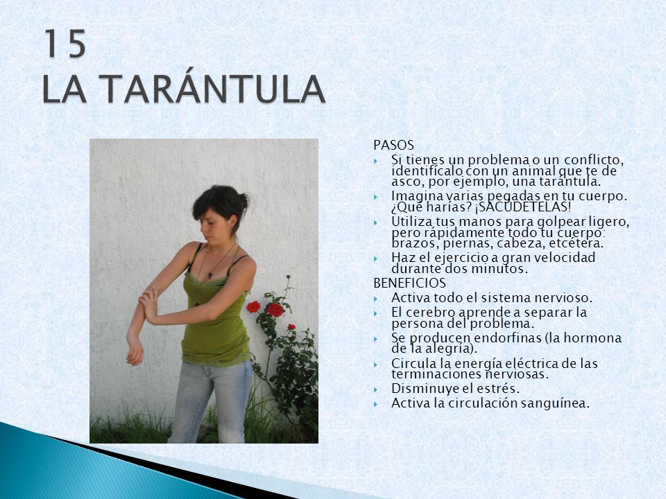 15 LA TARÁNTULA PASOS. Si tienes un problema o un conflicto, identifícalo con un animal que te de asco, por ejemplo, una tarántula.