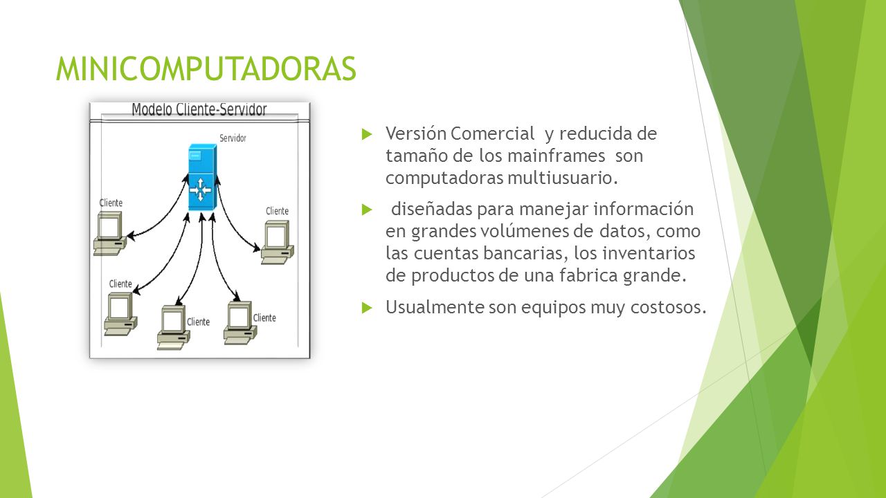MINICOMPUTADORAS Versión Comercial y reducida de tamaño de los mainframes son computadoras multiusuario.
