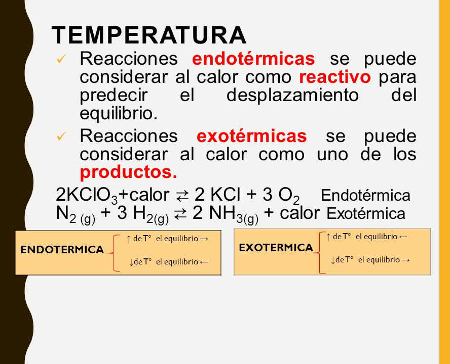 Temperatura Reacciones endotérmicas se puede considerar al calor como reactivo para predecir el desplazamiento del equilibrio.