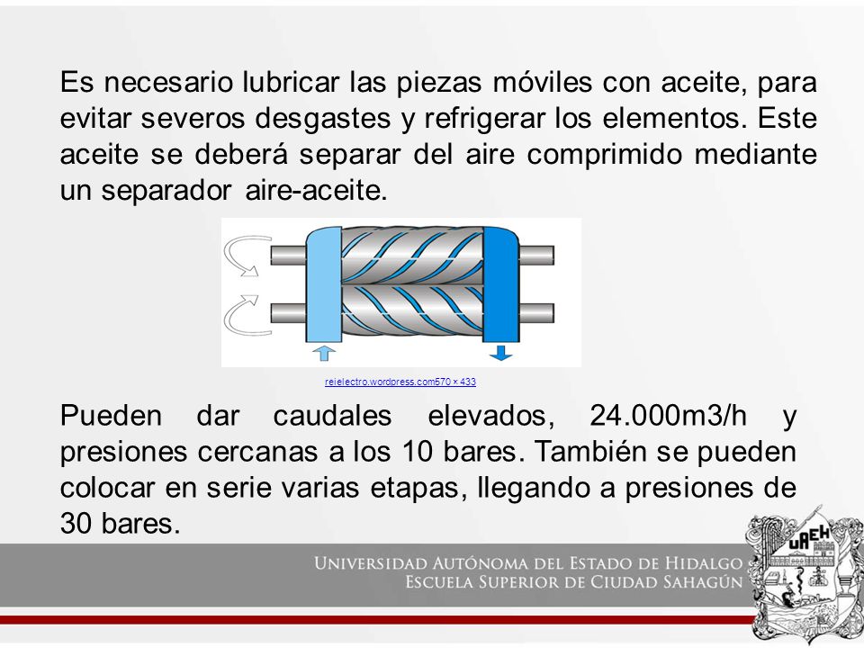 Es necesario lubricar las piezas móviles con aceite, para evitar severos desgastes y refrigerar los elementos. Este aceite se deberá separar del aire comprimido mediante un separador aire-aceite.