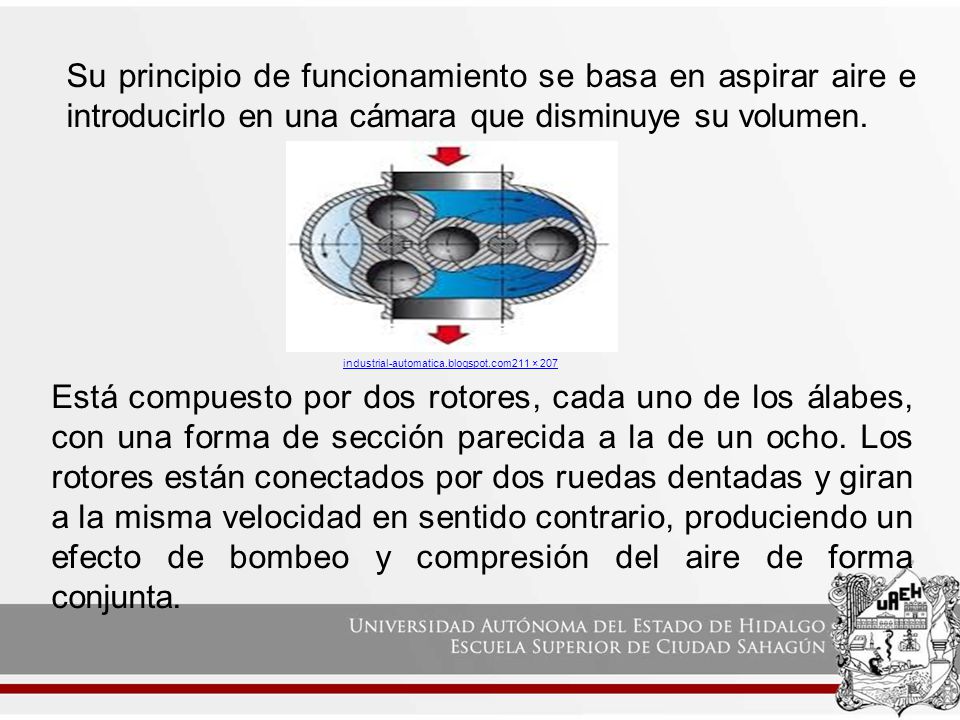 Su principio de funcionamiento se basa en aspirar aire e introducirlo en una cámara que disminuye su volumen.