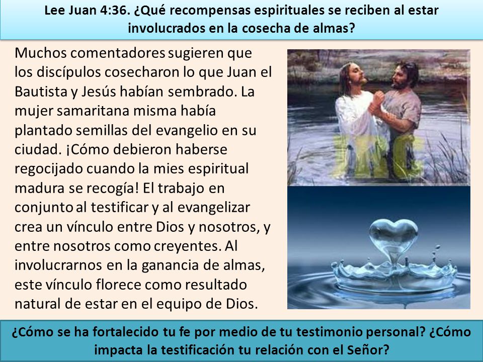Lee Juan 4:36. ¿Qué recompensas espirituales se reciben al estar involucrados en la cosecha de almas