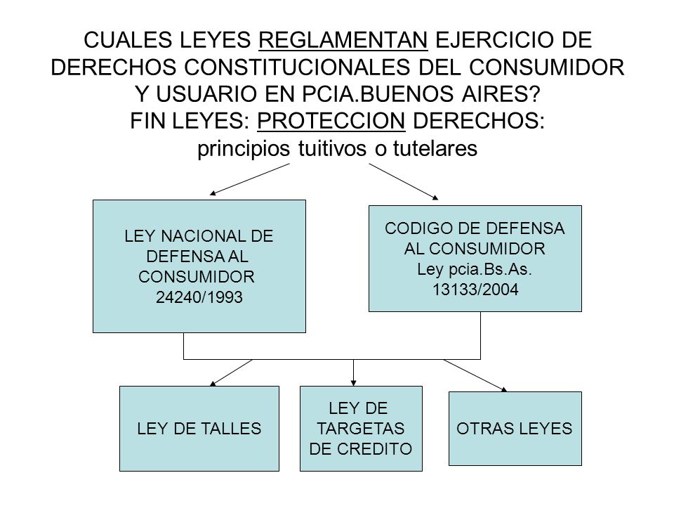 CUALES LEYES REGLAMENTAN EJERCICIO DE DERECHOS CONSTITUCIONALES DEL CONSUMIDOR Y USUARIO EN PCIA.BUENOS AIRES FIN LEYES: PROTECCION DERECHOS: principios tuitivos o tutelares