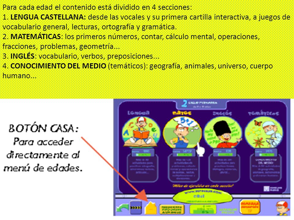 Para cada edad el contenido está dividido en 4 secciones: