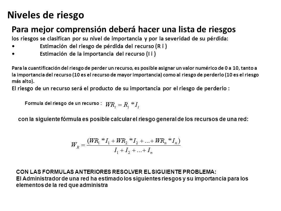 Niveles de riesgo Para mejor comprensión deberá hacer una lista de riesgos.