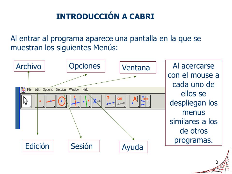 INTRODUCCIÓN A CABRI Al entrar al programa aparece una pantalla en la que se muestran los siguientes Menús: