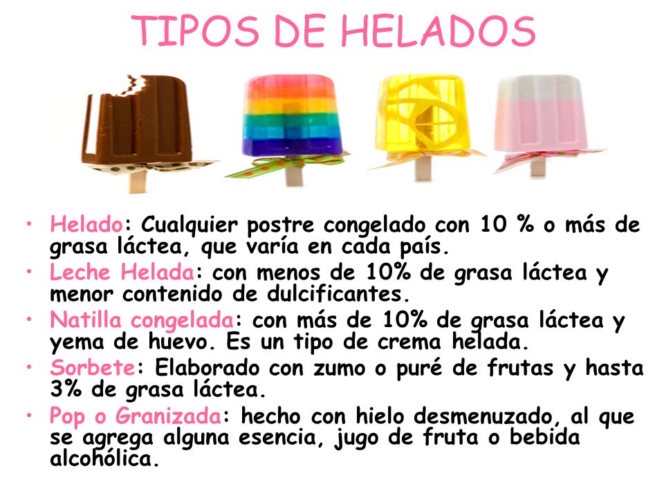 TIPOS DE HELADOS Helado: Cualquier postre congelado con 10 % o más de grasa láctea, que varía en cada país.