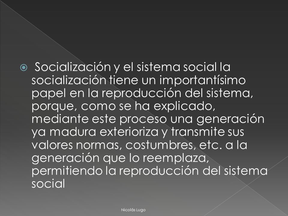 Socialización y el sistema social la socialización tiene un importantísimo papel en la reproducción del sistema, porque, como se ha explicado, mediante este proceso una generación ya madura exterioriza y transmite sus valores normas, costumbres, etc. a la generación que lo reemplaza, permitiendo la reproducción del sistema social