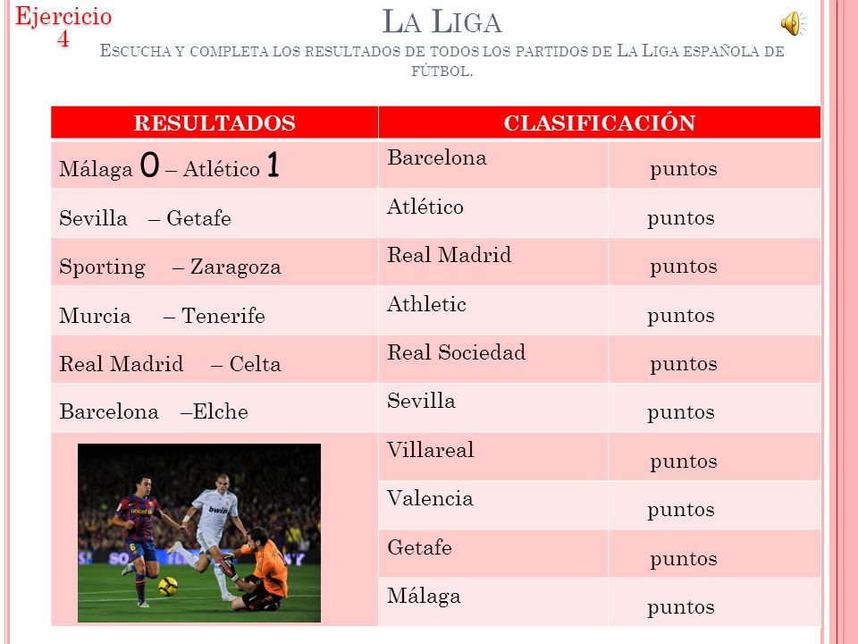 Ejercicio 4 La Liga Escucha y completa los resultados de todos los partidos de La Liga española de fútbol.