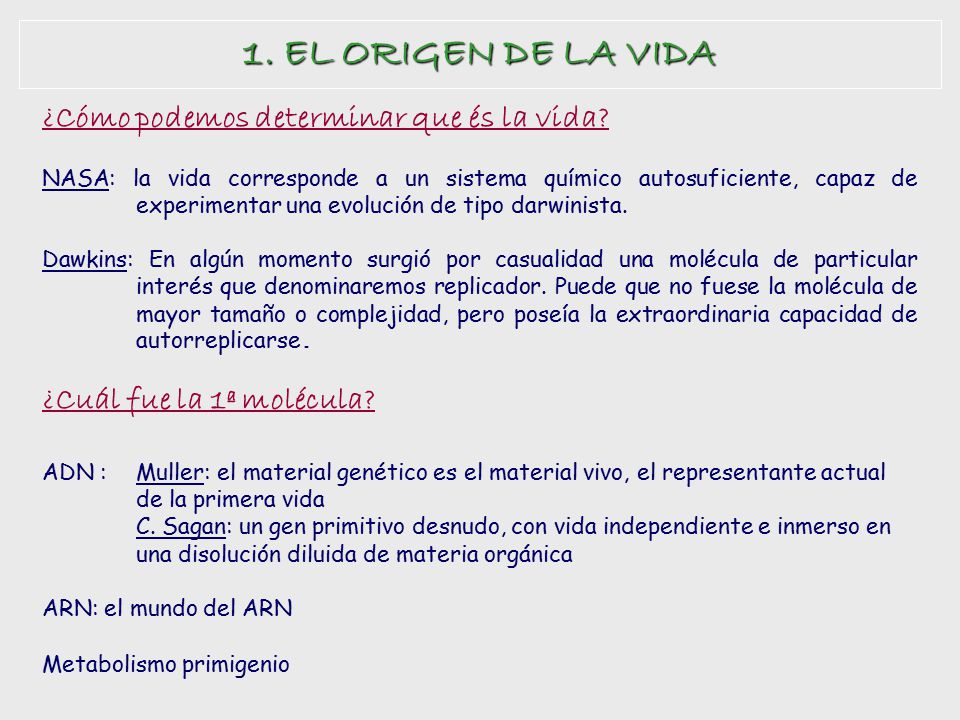 1. EL ORIGEN DE LA VIDA ¿Cómo podemos determinar que és la vida