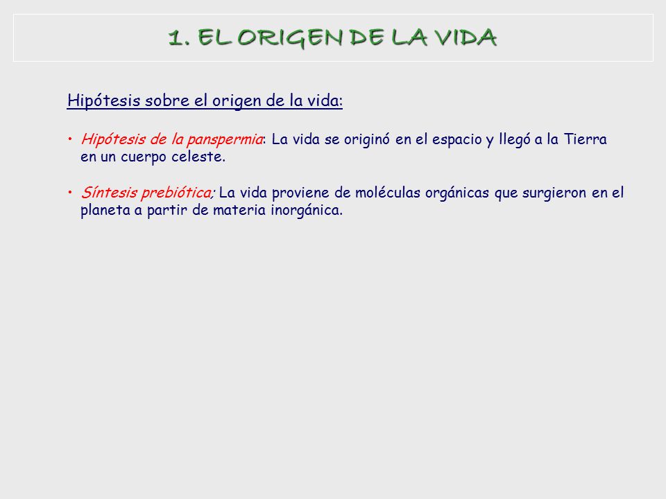 1. EL ORIGEN DE LA VIDA Hipótesis sobre el origen de la vida: