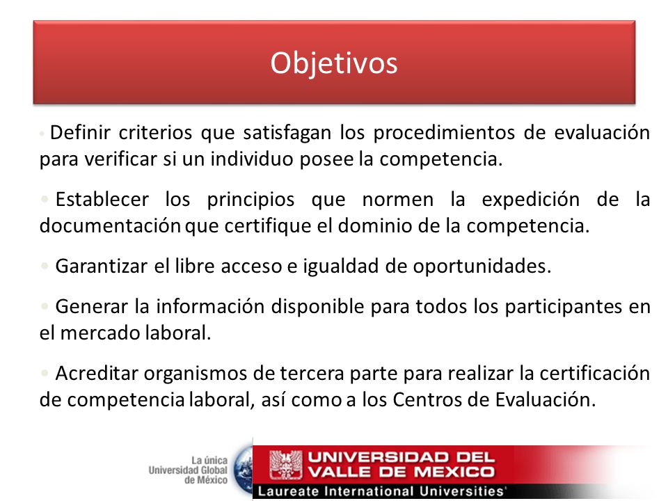 Objetivos Definir criterios que satisfagan los procedimientos de evaluación para verificar si un individuo posee la competencia.