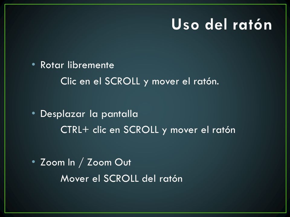 Uso del ratón Rotar libremente Clic en el SCROLL y mover el ratón.