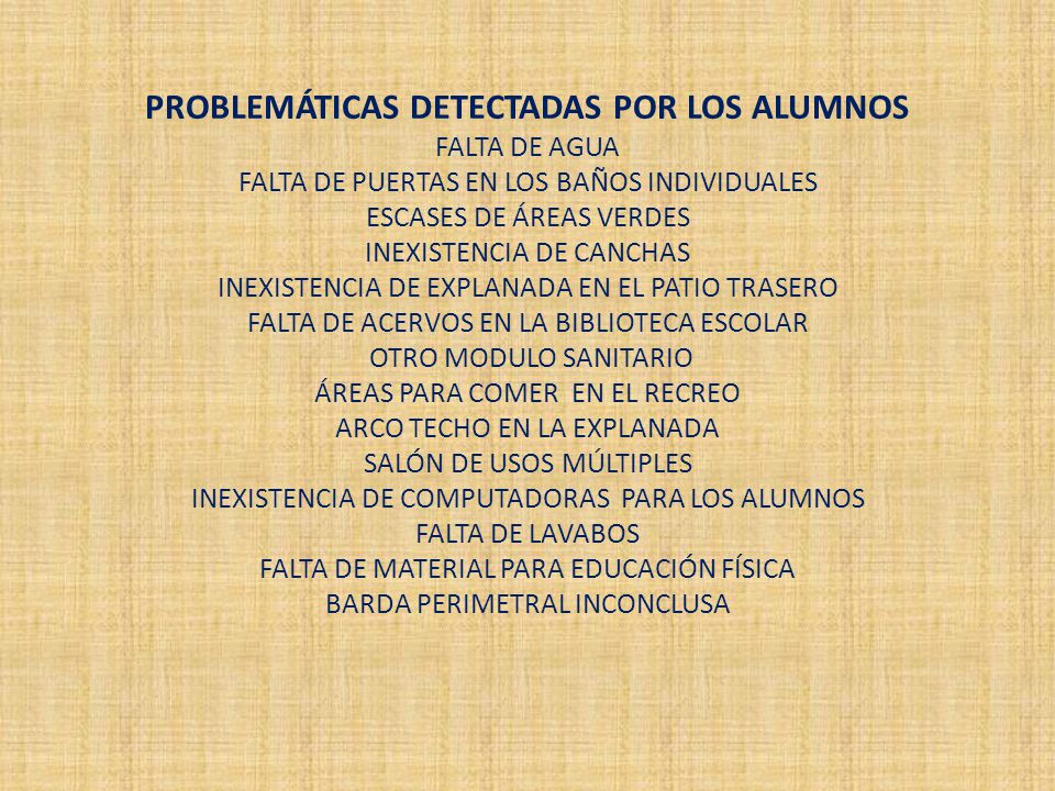 PROBLEMÁTICAS DETECTADAS POR LOS ALUMNOS FALTA DE AGUA FALTA DE PUERTAS EN LOS BAÑOS INDIVIDUALES ESCASES DE ÁREAS VERDES INEXISTENCIA DE CANCHAS INEXISTENCIA DE EXPLANADA EN EL PATIO TRASERO FALTA DE ACERVOS EN LA BIBLIOTECA ESCOLAR OTRO MODULO SANITARIO ÁREAS PARA COMER EN EL RECREO ARCO TECHO EN LA EXPLANADA SALÓN DE USOS MÚLTIPLES INEXISTENCIA DE COMPUTADORAS PARA LOS ALUMNOS FALTA DE LAVABOS FALTA DE MATERIAL PARA EDUCACIÓN FÍSICA BARDA PERIMETRAL INCONCLUSA