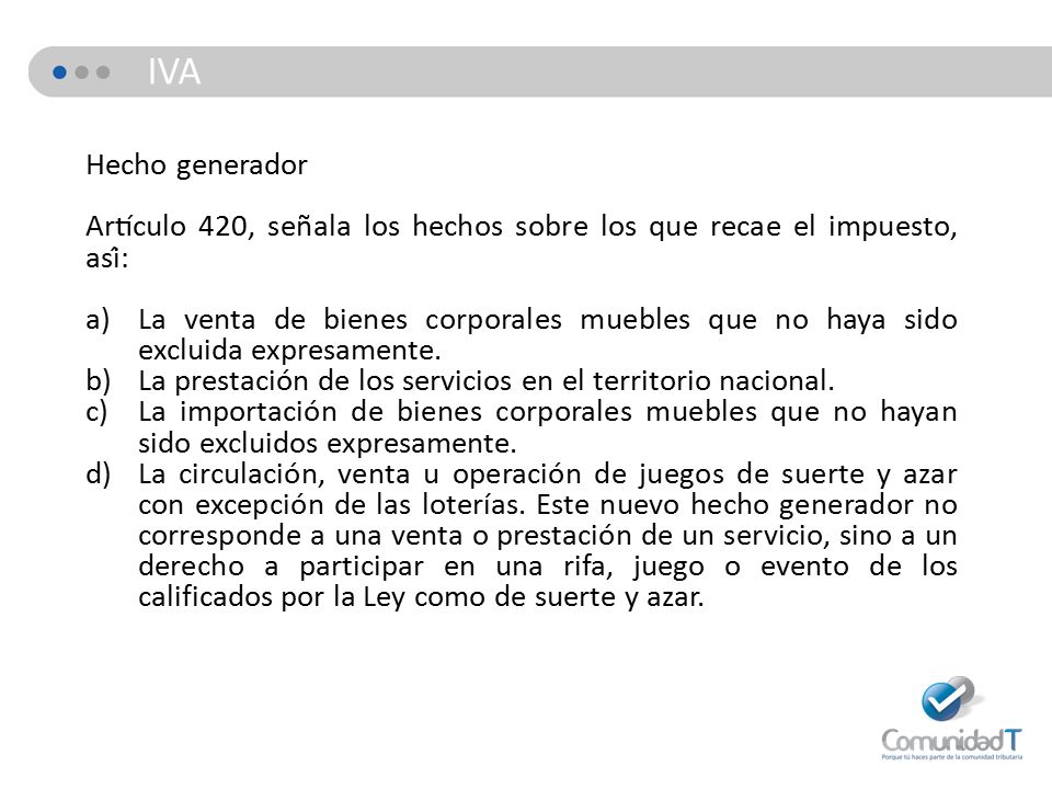 IVA Hecho generador. Artículo 420, señala los hechos sobre los que recae el impuesto, así: