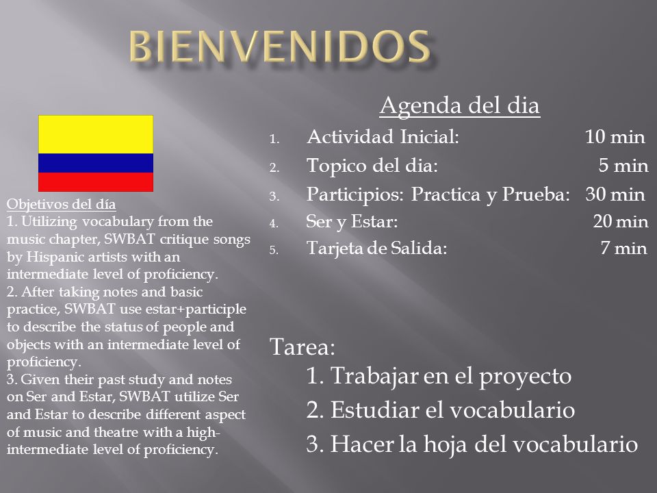 Bienvenidos Agenda del dia Tarea: 1. Trabajar en el proyecto