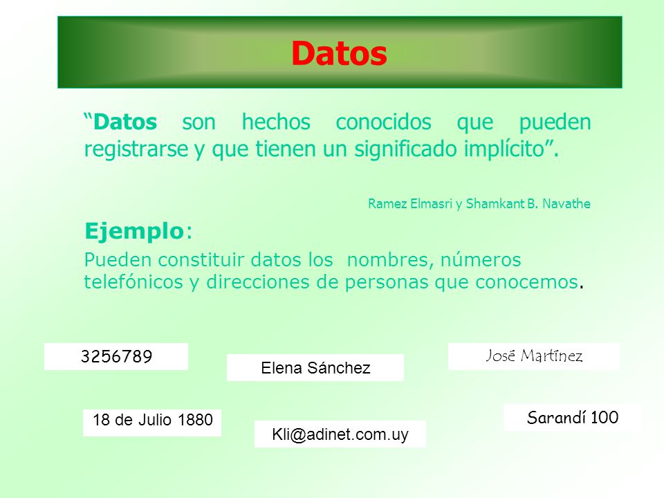 Datos Datos son hechos conocidos que pueden registrarse y que tienen un significado implícito . Ramez Elmasri y Shamkant B. Navathe.