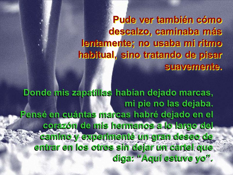 Pude ver también cómo descalzo, caminaba más lentamente; no usaba mi ritmo habitual, sino tratando de pisar suavemente.