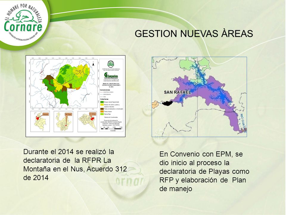 GESTION NUEVAS ÀREAS Durante el 2014 se realizó la declaratoria de la RFPR La Montaña en el Nus, Acuerdo 312 de