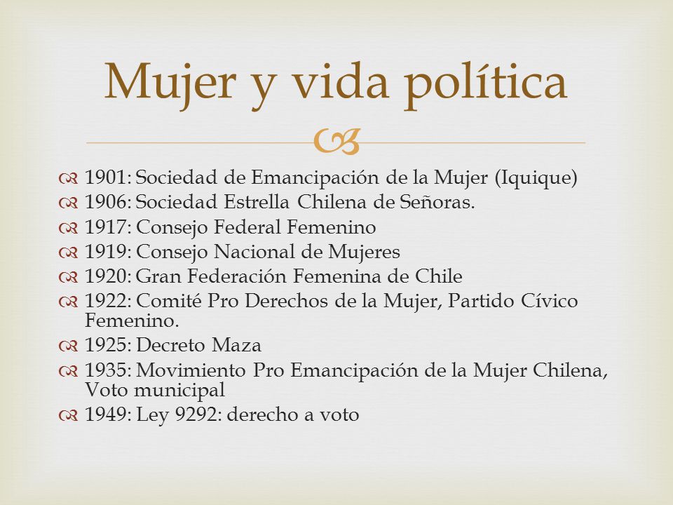 Mujer y vida política 1901: Sociedad de Emancipación de la Mujer (Iquique) 1906: Sociedad Estrella Chilena de Señoras.