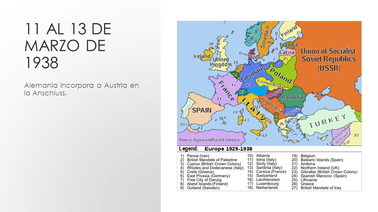 11 al 13 de marzo de 1938 Alemania incorpora a Austria en la Anschluss.