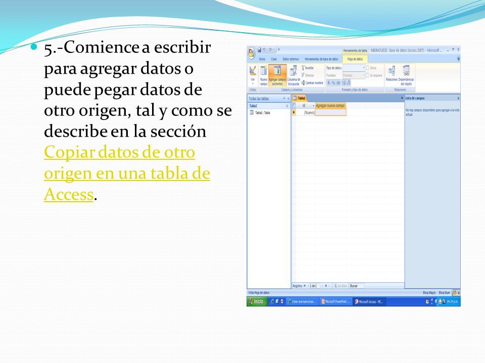 5.-Comience a escribir para agregar datos o puede pegar datos de otro origen, tal y como se describe en la sección Copiar datos de otro origen en una tabla de Access.