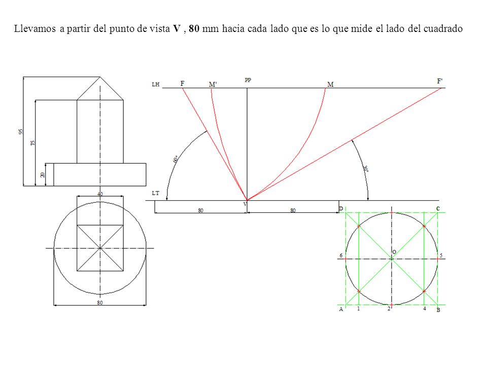 Llevamos a partir del punto de vista V , 80 mm hacia cada lado que es lo que mide el lado del cuadrado