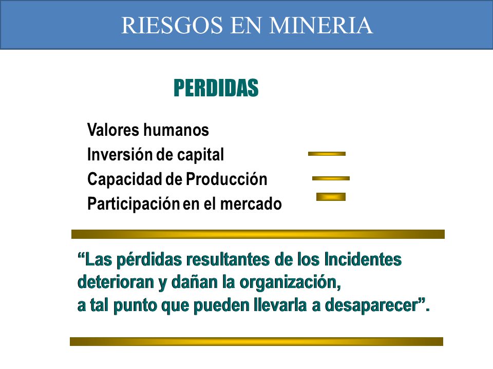 RIESGOS EN MINERIA PERDIDAS. Valores humanos. Inversión de capital. Capacidad de Producción. Participación en el mercado.