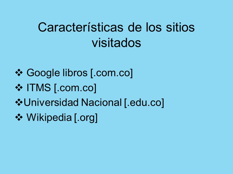 Características de los sitios visitados