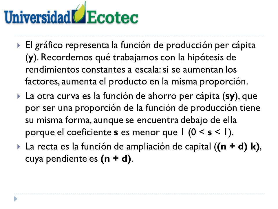 El gráfico representa la función de producción per cápita (y)