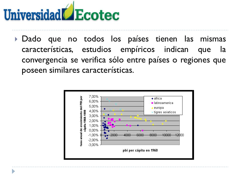 Dado que no todos los países tienen las mismas características, estudios empíricos indican que la convergencia se verifica sólo entre países o regiones que poseen similares características.