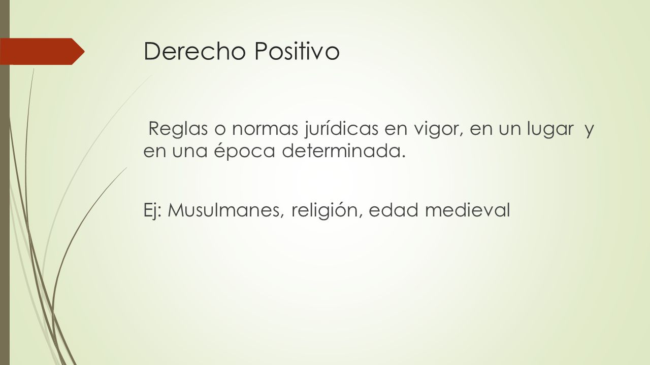 Derecho Positivo Reglas o normas jurídicas en vigor, en un lugar y en una época determinada.