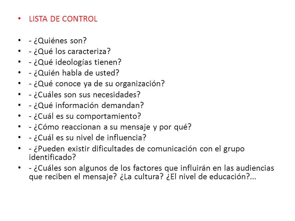 LISTA DE CONTROL - ¿Quiénes son - ¿Qué los caracteriza - ¿Qué ideologías tienen - ¿Quién habla de usted