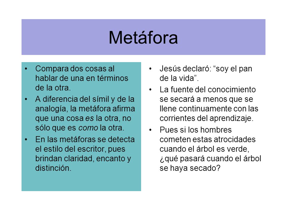 Metáfora Compara dos cosas al hablar de una en términos de la otra.